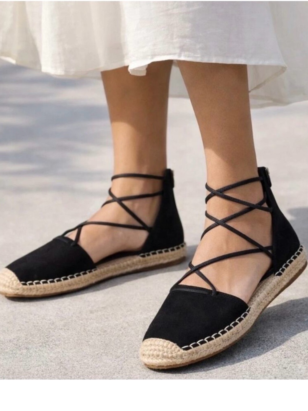 NEW Eileen Fisher Black Nubuck Leather Espadrille Flats 9 Ankle-Wrap Lace Casual